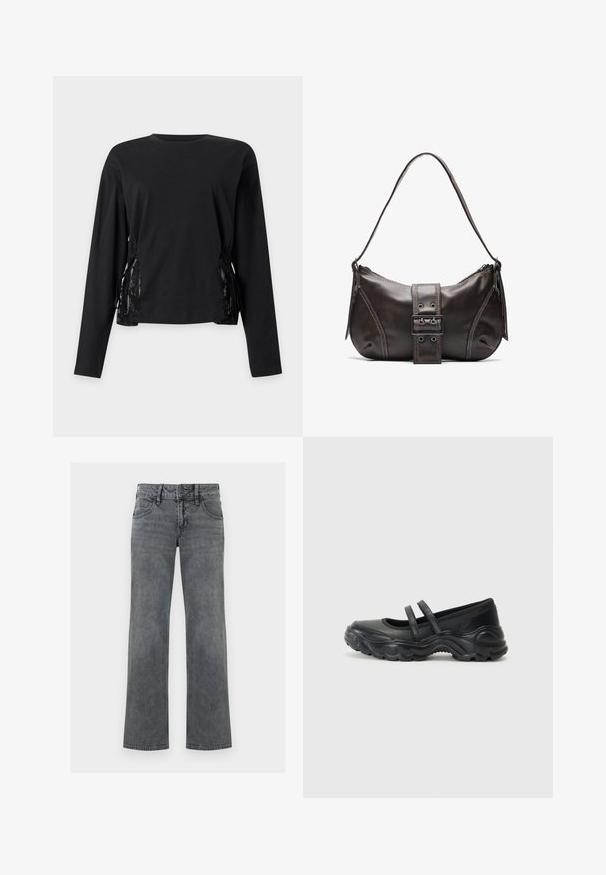 Zwarte top met lange mouwen, ronde hals en veterdetails aan beide zijden met kanten inzetstukken.; Grijze denimjeans met rechte pijpen, voorzien van knopen aan de voorkant, rits en vijfzakken, afgebeeld tegen een witte achtergrond.; Zwarte leren mary jane flats met twee verstelbare straps, een ronde neus en een gestructureerde rubberen zool voor extra grip.; Bruine leren schoudertas met een gebogen vorm, voorzien van een opvallende gespdetail, contrasterende stiksels en een enkele schouderband.