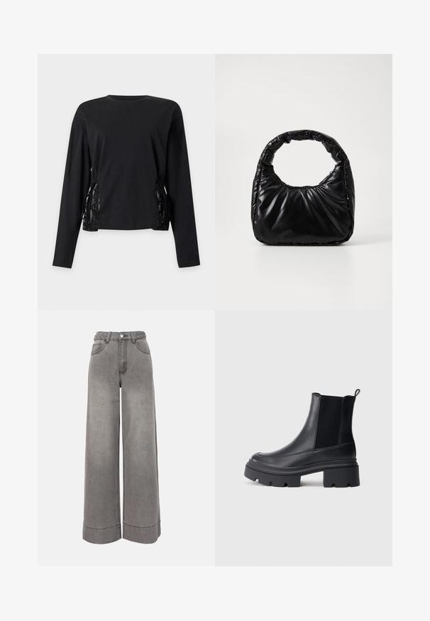 Haut noir à manches longues avec encolure ronde et détails à lacets des deux côtés, avec inserts en dentelle.; Pantalon large en jean gris taille haute avec ceinture tressée, poches avant, fermeture à boutons et ourlets retroussés.; Bottes noires en cuir à la cheville avec des panneaux latéraux en élastique, semelles épaisses et une languette de tirage à l'arrière. Texture lisse et design minimaliste.; Sac à main noir rembourré avec une poignée arrondie, présentant une surface lisse et brillante ainsi qu'une texture douce et matelassée. Pas de quincaillerie ou d'accents visibles.