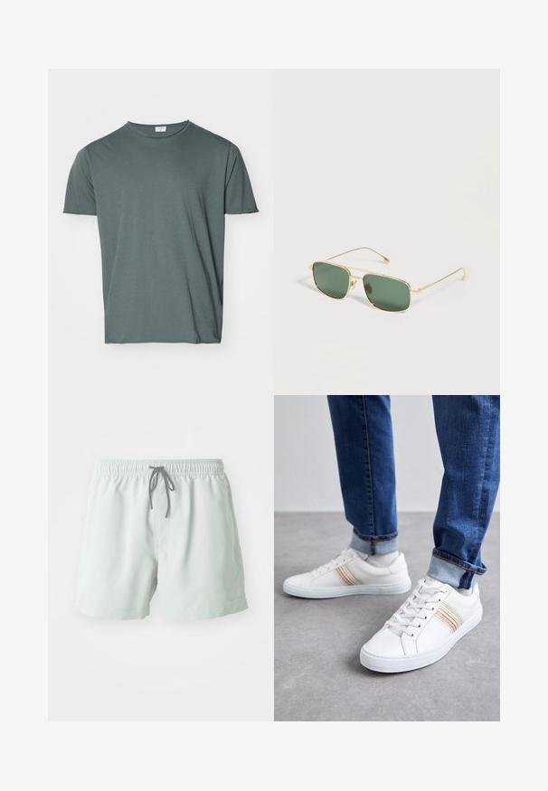 Donkergroen T-shirt met ronde hals, korte mouwen, zacht materiaal, relaxed fit, gladde textuur, geen zichtbare patronen of accenten.; Lichtgroene zwembroek met een elastische tailleband, verstelbaar trekkoord en zijzakken. Gladde textuur, boven de knie lengte.; Witte leren sneakers met meerkleurige strepen, vetersluiting, rubberen zool en gevoerd kraagje, gecombineerd met blauwe spijkerbroek.; Rechthoekige zonnebril met gouden montuur en groen getinte glazen, liggend op een wit oppervlak.