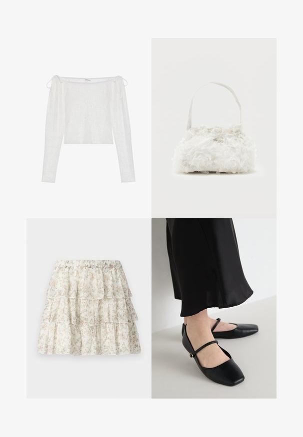 Hvid off-the-shoulder top med lange ærmer, lavet af tekstureret stof, har bindebånd på ærmerne og en lige nederste kant.; Hvid nederdel med et lagdelt, bølget design. Udstyret med et delikat blomster mønster i pink og grøn. Elastisk talje for komfort.; Sorte flade sko med firkantet tådesign, lavet af glat læder, med et enkelt bånd over foden, med en lille dekorativ detalje.; Lille hvid håndtaske med stofroser, der dækker kroppen, og et tyndt enkelt skulderremshåndtag på en ensfarvet baggrund.