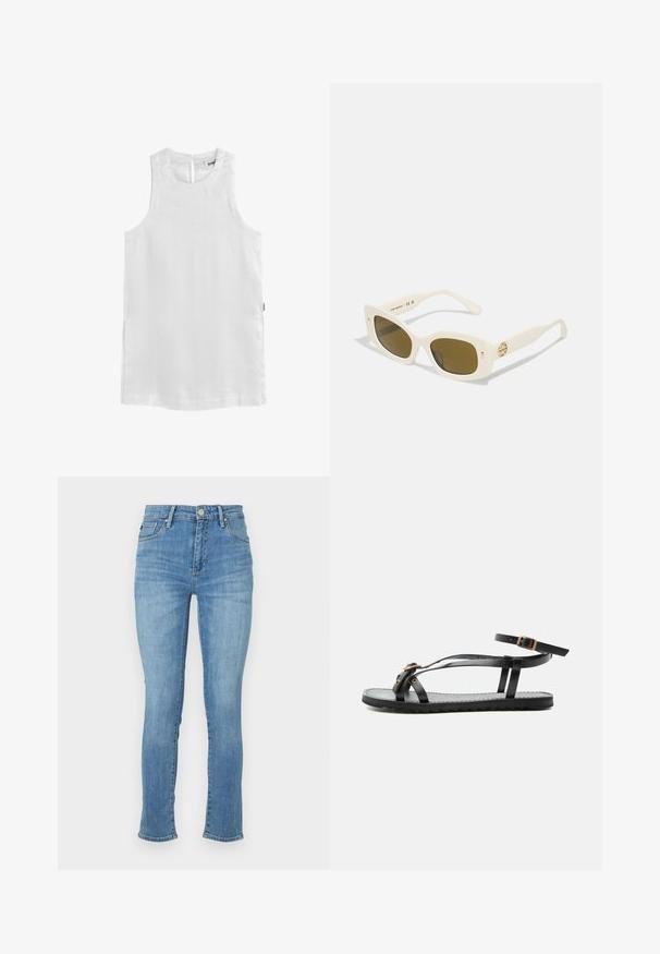 Mouwloze witte linnen blouse met ronde hals en sluiting met knoopje aan de achterkant, voorzien van zijschuiven voor extra comfort.; Lichtblauwe denimjeans met een slanke pasvorm, middelhoog taille, vijf pockets design en subtiele vervaging op de dijen, voorzien van gestikte accenten.; Zwarte platte sandaal met dunne bandjes, enkelgesp en decoratieve goudkleurige ogen op het voorste bandje, op een effen witte achtergrond.; Witte kunststof zonnebril met een rechthoekig montuur, bruine glazen en een gouden accent op de tempel. Soepele textuur en modern ontwerp.
