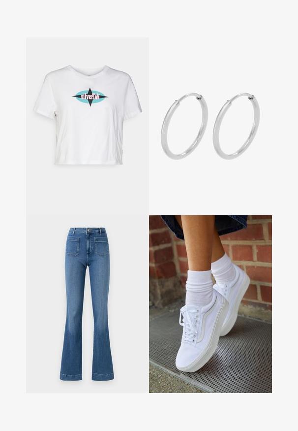 Hvid cropped t-shirt lavet af bomuld, med et farverigt "silverTab" grafisk design med et oval- og stjernemotiv i blå og pink.; Bredde blå jeans lavet af denim med mellemhøj talje, der har to baglommer og en ren søm. Glat tekstur og klassisk design.; Hvide lærreds sneakers med gummisåler, der har seks snørehuller, rund tå og let sømdetaljer, krydret med hvide ankelstrømper.; Sølv hoops øreringe, cirkulær form, glat skinnende tekstur og ensartet bredde hele vejen igennem. Minimalistisk design uden yderligere accenter.