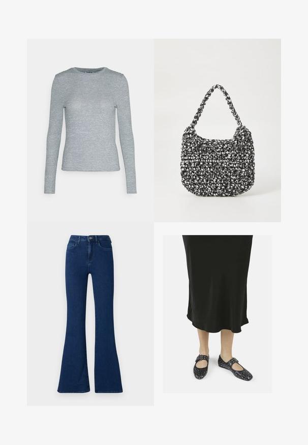 Noisy May NMTINO - Top s dlhým rukávom - pearled ivory/navy; Tmavomodré rozšírené džínsy s vysokým pásom, piatimi vreckami, zipsom a zapínaním na gombík. Hladká deninová látka s rovnomernou textúrou.; Čierne kožené topánky s okrúhlou špičkou, jedným remienkom a prackou, so štýlovými cvočkami, nosené s čiernymi šatami po členky.; Tkaná kabelka v čierno-bielej kombinácii s oválnym tvarom, textúrovaným povrchom a pletenou rúčkou. Vhodná na bežné nosenie.