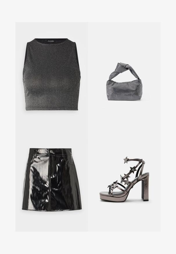 Monki TORI - Débardeur - black/silver; Mini-jupe en vernis noir avec une finition brillante, dotée d'une fermeture à bouton, de passants de ceinture et de poches avant pour un détail supplémentaire.; Sandale métallique à talon haut avec semelle plateforme et plusieurs brides décorées d’embellissements en forme d’étoile et boucle à la cheville.; Sac à main noir et argent avec une surface texturée affichant un motif en diamant, une anse nouée et une forme structurée.