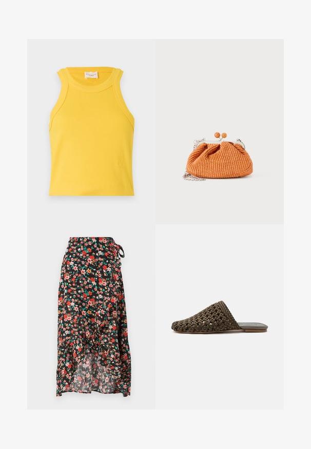 Gul ribbet tanktop med rund halsudskæring og ærmeløs design. Har et lille logo detaljeret nederst. Glat tekstur.; Blomsterindpakningsnederdel med sort baggrund, røde og pink blomster, flæsekant, justerbar bindebånd i taljen og letvægtsstof.; Brun vævet slip-on mule med flad sål og lukket rundet tå på hvid baggrund.; Lille orange flettet clutch-pung med sølvmetalramme, rund lukning og en sølvkæde-rem på en hvid baggrund.