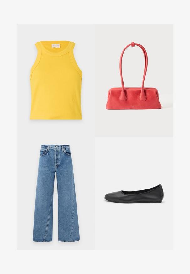 Kollane ribakujuline tank top ümmarguse kaelusega ja ilma varrukateta. Omab väikest logo detaili allääres. Sile tekstuur.; Laiad sinised teksapüksid kõrge vöökohaga, nup closure ja eesservade taskud. Kangas on kerge tekstuuriga ja pleekinud viimistlusega.; Musthave mustika tantsutossud mustast nahast, ümmarguse varbaga, siledast tekstuurist, minimaalse õmblusdetailiga ja paindliku tallakujundusega.; Punane nahast käekott pika, õhukese sangaga, mis on ülaosas aasaga kinni seotud, kuvatud ühevärvilise hele tausta ees.