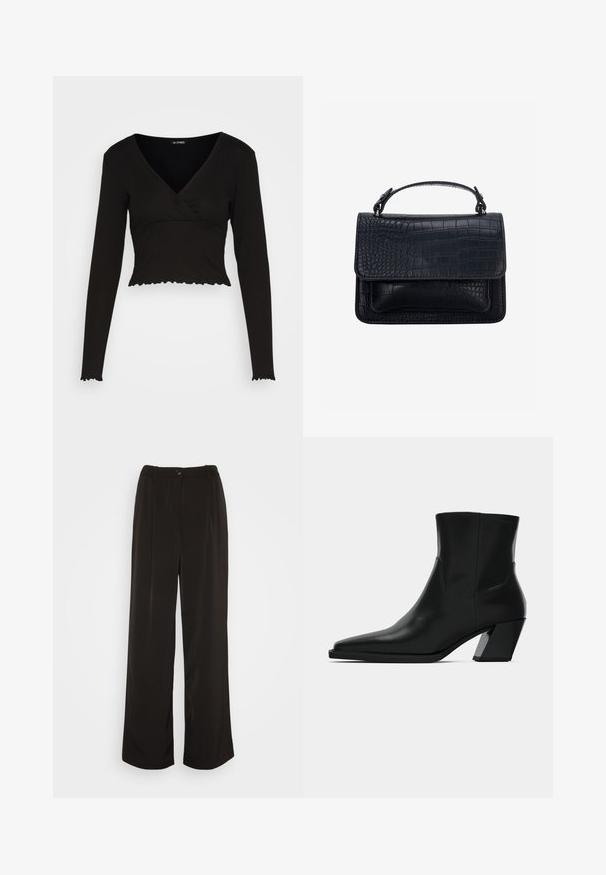 Monki Top s dlhým rukávom - black; Vero Moda Wide leg VMLUNADESI Mid waist - Nohavice - black; Čierna kožená členková topánka s špicatou špičkou, elegantným siluetou a masívnym štvorecovým podpätkom. Hladký povrch s minimálnymi švovými detailmi.; Čierna kabelka s krokodíľou textúrou, obdĺžnikového tvaru, horným chlopňou a jednou krátkou rukoväťou.