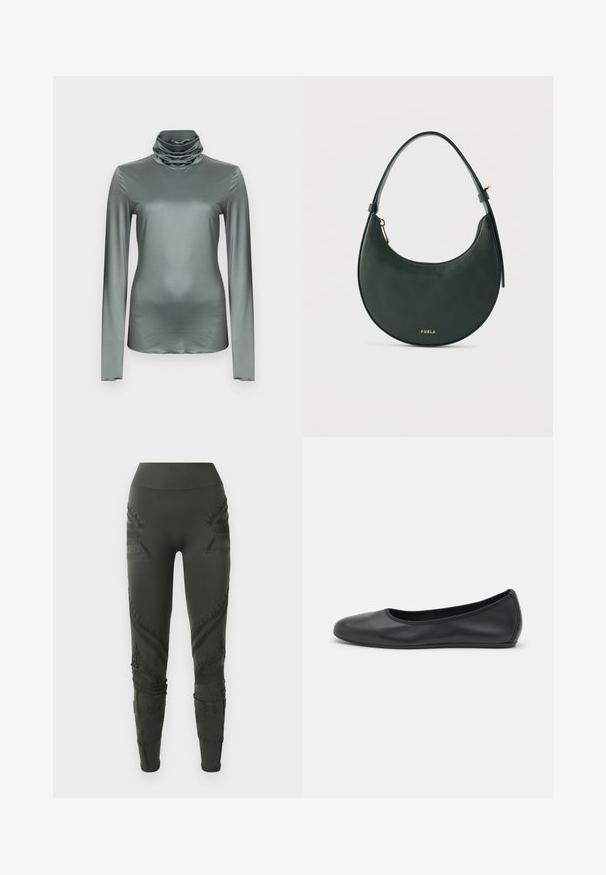 Langärmeliges Rollkragenoberteil in einem gedämpften Grünton, mit einer weichen, glatten Textur und einem drapierten Wasserfallausschnitt.; Dunkelgrüne Leggings aus dehnbarem Stoff mit strukturierten Mustern und detaillierten Nähten entlang der Seiten und Knöchel, ausgestattet mit einem hohen Bund.; Schwarze Leder-Ballettschuhe mit abgerundeter Spitze, glatter Textur, minimalen Nähdetails und einem flexiblen Sohlen-Design.; Dunkelgrüne halbmondförmige Ledertasche mit kurzem Tragegriff und goldenem Reißverschluss, mit kleinem goldfarbenem "FURLA"-Logo in der vorderen Mitte.