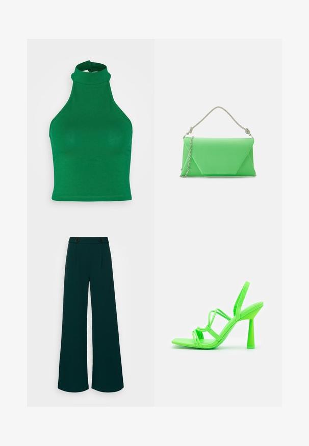 Neon & Nylon NAYA HALTER NECK - Top - green; Široké nohavice v tmavozelenej látke, s vysokým pásom a dvojitým zapínaním na gombíky, ostrými záhybmi a hladkou, pevnú textúrou.; Call it Spring Sandále na vysokom opätku - bright green; Mascara CB61156 - Listová kabelka - apple