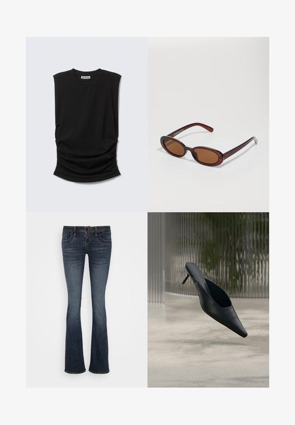 Zwarte mouwloze top met brede schoudervullingen, ronde hals en geplooid stofdetail bij de taille, met het label "Weekday" aan de binnenkant van de kraag.; Donkerblauwe uitlopende jeans met een middelhoge taille, vijf zakken en subtiele stiksels. Gemaakt van denim met een gladde textuur.; Zwarte mule met puntige neus en dunne hoge hak, die boven een gladde betonnen vloer zweeft, met een wazige verticale gestreepte achtergrond.; Ronde, bruin getinte zonnebril met een glanzend bordeauxrood frame. Slanke pootjes met subtiele merkdetails. Vlakke lensontwerp.