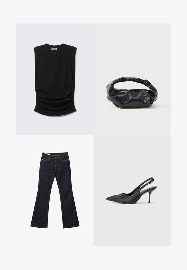 Sort ærmeløs top med brede skulderpuder, rund halsudskæring og rynket stofdetalje ved taljen, mærket "Weekday" inde i kraven.; Mørkeblå denim bukser med flared ben, fem lommer, kobbernitter og kontrastsyet. Glat tekstur med en lige, afslappet pasform.; Sorte læder slingback stiletto med spids tå, side spændebånd, nitter langs kanten og dekorativ snøring foran.; Sort taske lavet af blankt, tekstureret materiale med et cirkulært, snoet håndtag og lynlås. Har et blødt, rynket design.