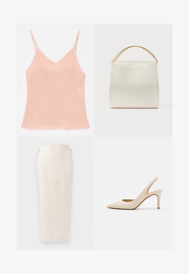 Peachfarvet strikket tanktop med tynde justerbare stropper, V-halsdesign, ribbet tekstur og lige kant.; Creme midi nederdel med en tætsiddende silhuet, lavet af glat stof, med en skjult lynlås i siden og minimalistisk søm detaljer.; Beige læder slingback-pumpe med spids tå og en tynd høj hæl. Har en udskæring ved hælen og en glat finish.; Struktureret taske i satinfinish, cremefarvet, med en kæde til skulderrem. Har en flad, glat tekstur og rene syninger.