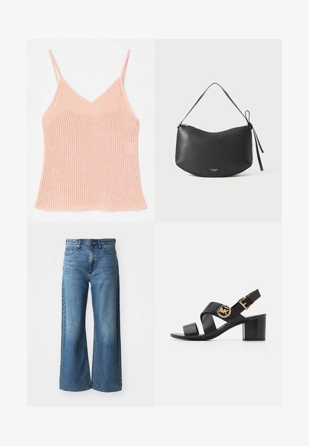 Peachfarvet strikket tanktop med tynde justerbare stropper, V-halsdesign, ribbet tekstur og lige kant.; Bredde ben blå denimjeans med mid-rise talje, fem lommer og subtile falmninger. Funktionen inkluderer bæltestropper og syede detaljer.; Sorte lædersandaler med krydssnor og et rundt MK-logo. Blokhælen har en mellemstor højde, som giver stabilitet og et elegant design.; Sort læder skuldertaske med en buet form, lynlås lukning og et knyttet rem. Viser et diskret logo på forsiden. Glat tekstur.