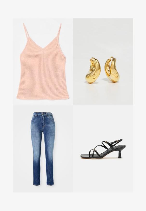 Camisole en tricot de couleur pêche, avec des bretelles réglables fines, un décolleté en V, une texture côtelée et un ourlet droit.; Jean skinny en denim bleu moyen, avec un effet délavé, un design à cinq poches, des passants de ceinture et une fermeture à bouton métallique.; Sandales à strapes en cuir verni noir avec un bout carré et un petit talon carré. Présente des accessoires en métal doré et des brides de cheville réglables.; Boucles d'oreilles en or en forme de d'anneaux lisses et courbés avec une finition polie. Équipées d'un mécanisme de fermeture et de légères indentations pour le détail.