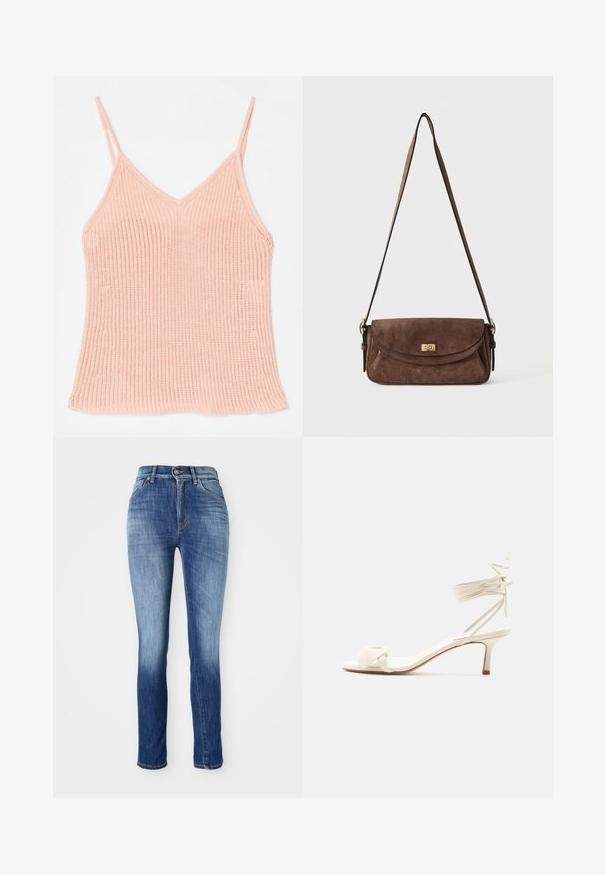 Peachfarvet strikket tanktop med tynde justerbare stropper, V-halsdesign, ribbet tekstur og lige kant.; Skræddersyede jeans i mellemblå denim, med en falmet effekt, fem lomme-design, bæltesløjfer og en metalknaplukning.; Kremfarvet sandal med lave hæle, bindebånd om anklen og en bred snoet rem over tæerne på en ensartet hvid baggrund.; Brun ruskind skuldertaske med en lang, justerbar strop og en guldfarvet drejelås på frontklappen.