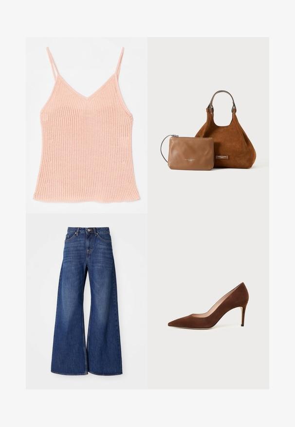 Camisole en tricot de couleur pêche, avec des bretelles réglables fines, un décolleté en V, une texture côtelée et un ourlet droit.; Jean en denim à jambes larges, de couleur bleu foncé, avec un design classique à cinq poches, fermeture à bouton et un léger effet d'usure le long des cuisses.; Chaussure à talon haut en daim marron à bout pointu avec un talon aiguille fin sur fond blanc.; Sac à main en daim marron avec poignées en boucle et petite pochette zippée en cuir marron clair placée devant sur fond blanc.