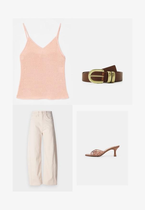 Camisole en tricot de couleur pêche, avec des bretelles réglables fines, un décolleté en V, une texture côtelée et un ourlet droit.; Mother THE HALF PIPE ANKLE - Wide Leg - off-white; Mule à talon moyen incurvé de couleur marron avec des brides supérieures tissées et un bout ouvert, sur fond blanc uni.; Ceinture en cuir marron avec une boucle à double ardillon en ton or et deux bandes décoratives. Texture lisse, design simple.