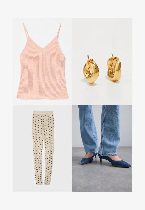 Pfirsichfarbener, gestrickter Top, ausgestattet mit dünnen verstellbaren Trägern, einem V-Ausschnitt, gerippter Textur und einem geraden Saum.; Beige Leggings mit einer weichen Textur, versehen mit einem rundum Muster aus kleinen dunklen Blumen. Elastischer Bund für eine bequeme Passform.; Blaue Wildleder-Kitten-Heels mit spitzen Zehen und niedrigem Absatz, kombiniert mit hellblauen Jeans aus Denim mit geradem Bein.; Fette goldene Creolen mit einem leicht verdrehten, röhrenförmigen Design und Steckverschlüssen auf einem weißen Hintergrund.