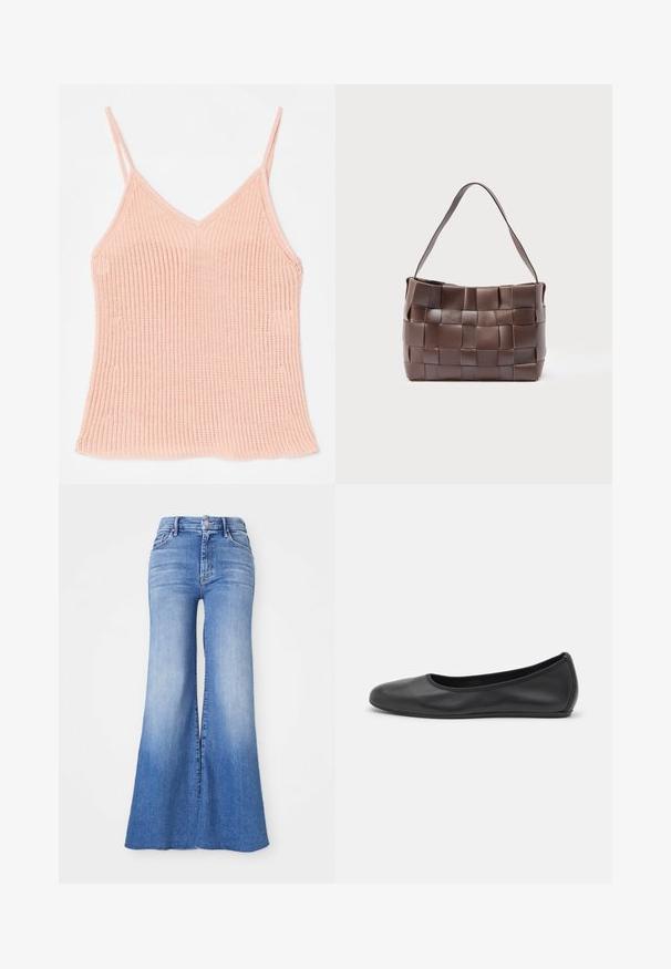 Perzikkleurige gebreide camisole, met dunne verstelbare bandjes, een V-hals ontwerp, geribbelde textuur en een rechte zoom.; Lichte spijkerbroek met uitlopende pijpen, hoge taille en opvallend brede benen, met een lichte vervaging naar de zoom toe. Met knoop- en ritssluiting.; Zwarte leren ballerina met een ronde neus, gladde textuur, minimale stikdetails en een flexibele zoolontwerp.; Bruine lederen schoudertas met brede geweven stroken die een rasterpatroon vormen en een enkele platte riem.