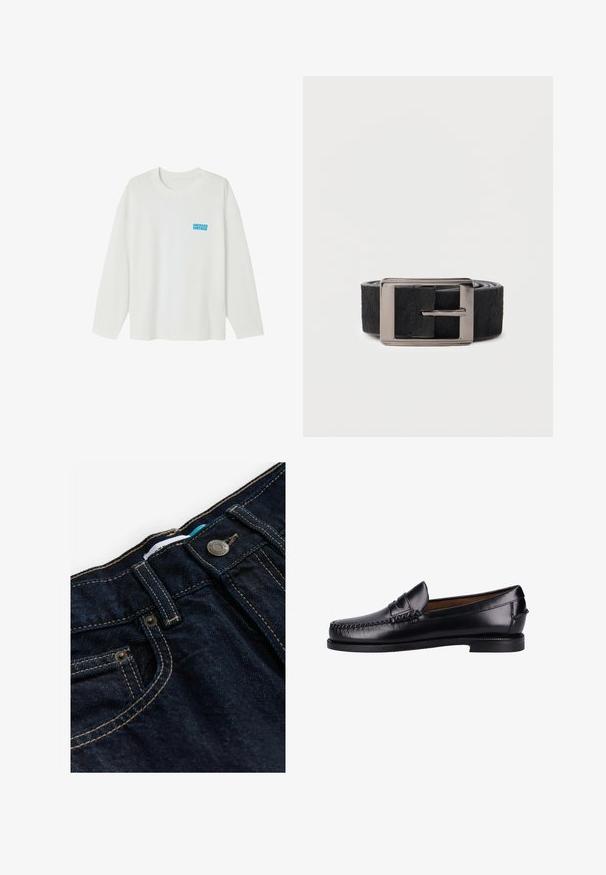 Camiseta blanca de manga larga hecha de algodón. Presenta un cuello redondo y un pequeño logo azul "AMERICAN VINTAGE" en el área del pecho izquierdo.; Jean de mezclilla azul oscuro con cintura estándar, costuras en dorado que contrastan y un botón de metal. Cuenta con un pequeño bolsillo frontal y una etiqueta.; Mocasines de cuero negro con un acabado suave, puntera redondeada, costura decorativa y un tacón bajo. El diseño es minimalista sin herrajes visibles.; Cinturón de cuero negro texturizado con una hebilla rectangular plateada, que presenta un acabado liso y un diseño estrecho y elegante.
