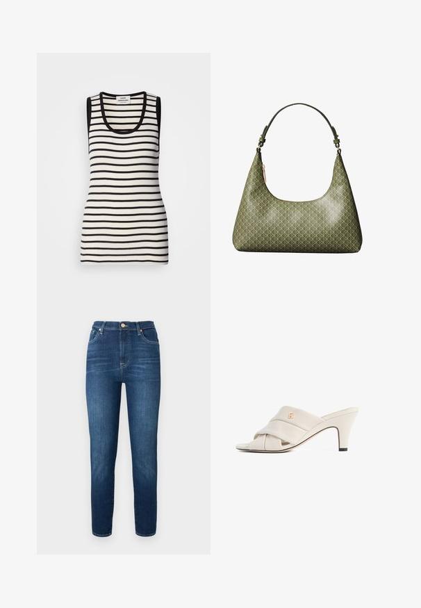 Débardeur sans manches avec des rayures horizontales noires et blanches, texture côtelée et encolure arrondie. Bordures noires sur les épaules et l'encolure.; Jeans en denim bleu foncé avec une taille haute, des jambes fuselées et une fermeture à bouton. Présente une décoloration subtile et sans motifs ni embellissements visibles.; Mules à talons hauts beiges avec un design de bride en cuir torsadé, bout ouvert et motif de logo en relief. Le talon présente un détail d'embout noir.; Sac à bandoulière vert olive avec une sangle réglable et un motif géométrique répétitif de boucles entrelacées.