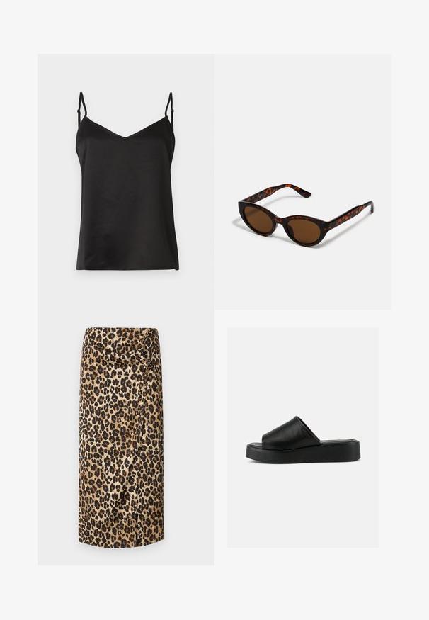 Vero Moda VMMERLE SINGLET - Top - black; Leopardprint midi-nederdel, silkeagtig tekstur, neutral beige bund med sorte og brune pletter, draperet design med en snoet detalje ved taljen.; Sort slip-on platform sandal med bredt læderoverdel og tyk sål, vist i sideprofil mod en ensartet grå baggrund.; Brune skildpadde solbriller med en vintage katteøje-form og brune linser. Har buede arme med røde detaljer.