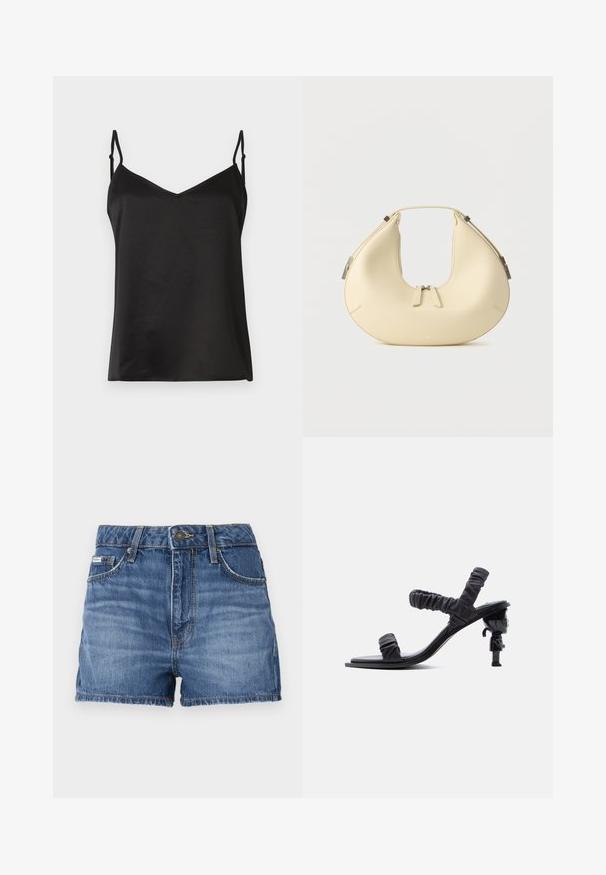 Vero Moda VMMERLE SINGLET - Top - black; Džínové šortky v stredne modrej farbe, s dizajnom piatich vreciek, pútka na opasok a poškodeným lemom. Štandardné zapínanie na gombík a zips.; Čierna otvorená sandála s nariasenými popruhmi a jedinečným podpätkom v tvare mini figuríny stojacej vzpriamene.; Béžová kabelka v tvare polmesiaca s dvojitým zipsom a krátkym uchom, so striebornými kovovými detailmi na bokoch.