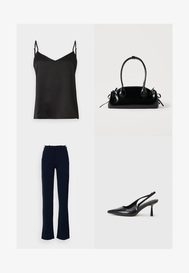 Vero Moda VMMERLE SINGLET - Top - black; Marineblå bukser med lige ben design, lavet af et glat stof, med bæltestropper og lynlås foran.; Sort læderslagback højhælet sko med spids tå og slank hæl på en hvid baggrund.; Lille sort blank håndtaske med to lange håndtag og snøre-detaljer i siden på en ensfarvet lys baggrund.