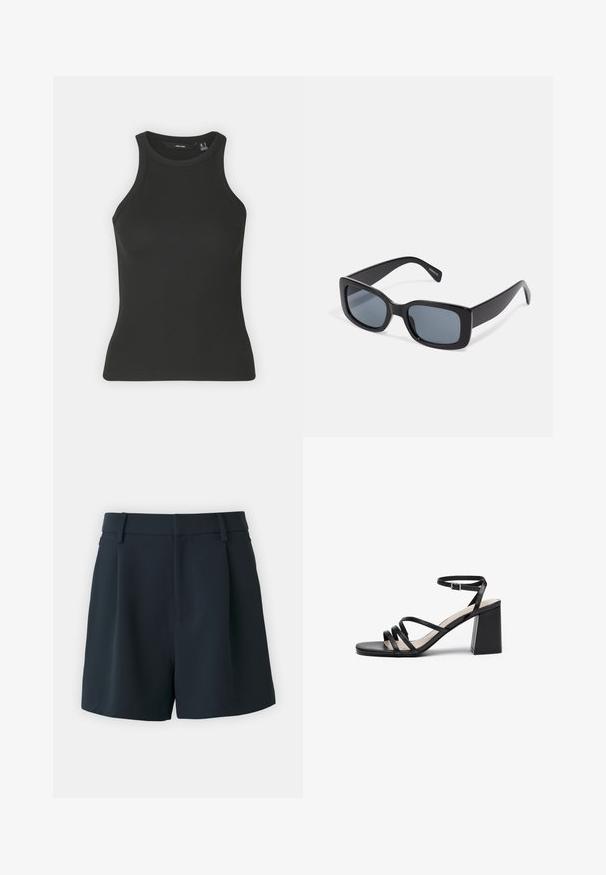 Débardeur noir à côtes avec un col haut et sans manches. Présente une silhouette ajustée et une texture douce.; Good American LUXE SUITING TROUSER - Short - dunkelblau; Sandales à talons noirs avec plusieurs fines lanières, bout carré et talon bloc, dotées d'une sangle ajustable à la cheville. Texture en cuir lisse.; Lunettes de soleil rectangulaires noires avec des verres teintés foncés, monture en plastique épaisse et branches larges. Surface lisse et design angulaire.
