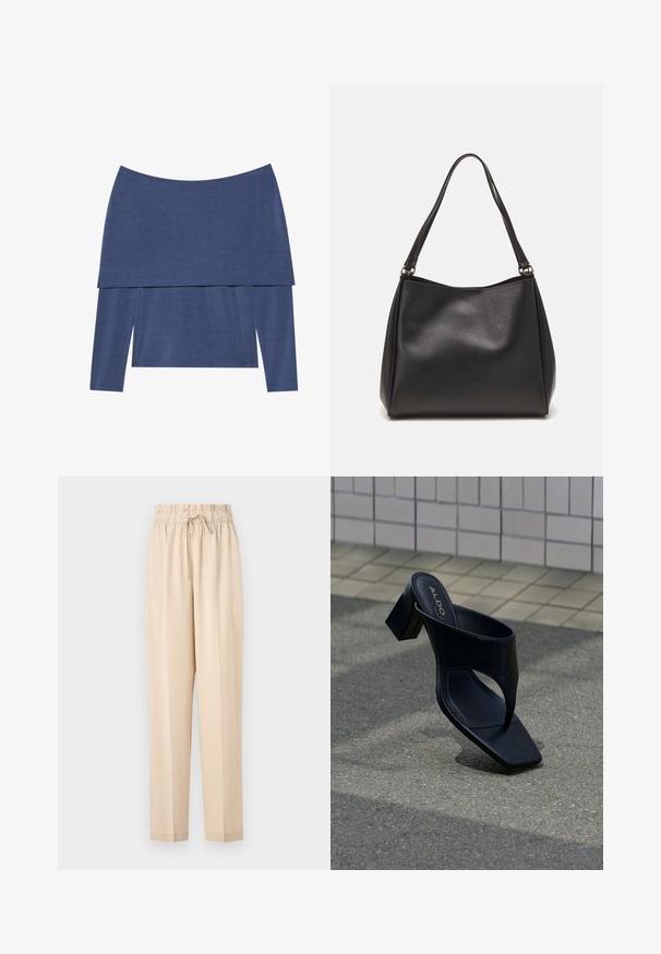 Langærmet top i mørkeblå med off-the-shoulder design og lag-efekt, fremstillet af blødt, tekstureret stof.; Beige, lette bukser med elastisk talje, snøre detaljer og lige ben. Glat tekstur, minimalisk stil.; Sort hælsandal med firkantet tå og bred rem, placeret på grå asfalt nær flisebelagt væg.; Sort syntetisk lædertaske med blød tekstur, hobo-form og dobbelte skulderremme; har en blank overflade og minimalistisk design.