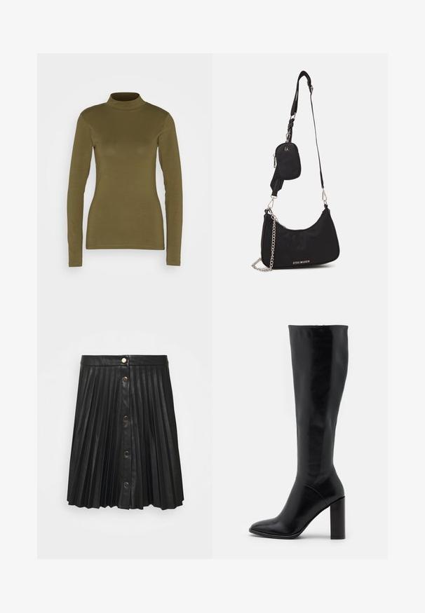 JDY Langarmshirt - kalamata; VILA VIAMINA BUTTON SKIRT - Minirock - black; Knielange schwarze Lederstiefel mit spitzer Zehe und klobigem Absatz. Glatte Textur mit minimalen Akzenten und einem enganliegenden Schaftdesign.; Schwarze Nylon-Umhängetasche mit geschwungener Form, silbernem Kettenakzent, abnehmbarem Mini-Pouch und verstellbarem Trageriemen; mit "Steve Madden"-Logo.