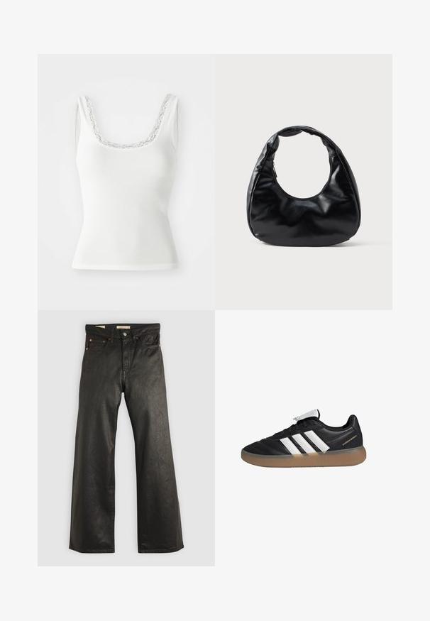 Top de tirantes blanco con canalé, que presenta un escote redondeado adornado con un delicado encaje. Diseño sin mangas y silueta ajustada.; Pantalones de mezclilla anchos negros con una textura suave, que presentan cinco bolsillos y detalles en metal color cobre. Cierre clásico con botón.; Zapatilla negra con rayas blancas, hecha de cuero liso. Presenta un diseño de perfil bajo con cordones y una suela de goma translúcida color chicle.; Bolso de mano de charol negro con una forma de media luna única, una asa ancha y acolchada, y cierre de cremallera. Textura lisa y brillante, diseño minimalista.