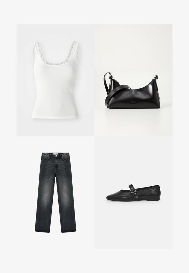 Top de tirantes blanco con canalé, que presenta un escote redondeado adornado con un delicado encaje. Diseño sin mangas y silueta ajustada.; Jeans de mezclilla negra con un corte relajado, piernas rectas y un ligero desgaste. Presentan un cierre de botón y un diseño de cinco bolsillos para mayor funcionalidad.; Zapato plano de cuero negro con punta redondeada, una sola correa ajustable con hebilla y una textura suave y brillante. Diseño minimalista con un tacón bajo.; Bolso de mano de cuero negro con una textura suave. Cuenta con una correa ajustable y un diseño elegante y minimalista con cierre de cremallera.