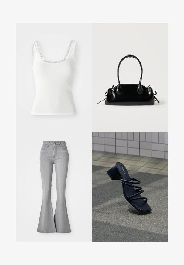 Hvid ribbet tanktop med en scoopudskæring prydet med delikat blondertrim. Ærmeløst design med en tætsiddende silhuet.; Højtaljede lysegrå denim jeans med flared ben, frontknap, lynlås og for- samt baglommer.; Sort sandal med firkantet tå, tre tynde stropper og blokhæl på fortov nær flisebelagt væg.; Lille sort blank håndtaske med to lange håndtag og snøre-detaljer i siden på en ensfarvet lys baggrund.