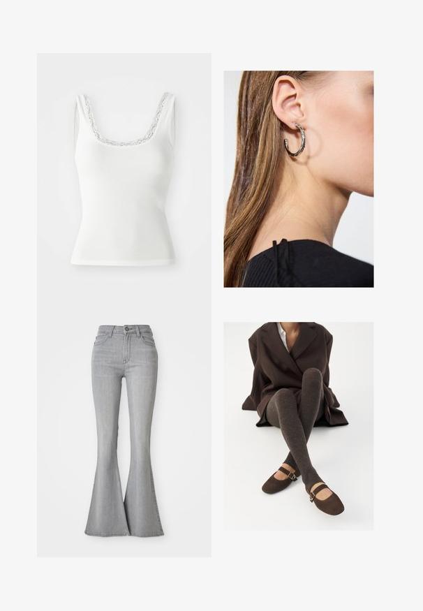 Hvid ribbet tanktop med en scoopudskæring prydet med delikat blondertrim. Ærmeløst design med en tætsiddende silhuet.; Højtaljede lysegrå denim jeans med flared ben, frontknap, lynlås og for- samt baglommer.; Brune ribbede knæhøje sokker parret med brune ruskinds Mary Jane sko med en dekorativ rem og spænde, båret med en mørk frakke.; Sølv hoop ørestik med en poleret overflade, prydet med små guld accenter og en rund form, båret på øreflippen.