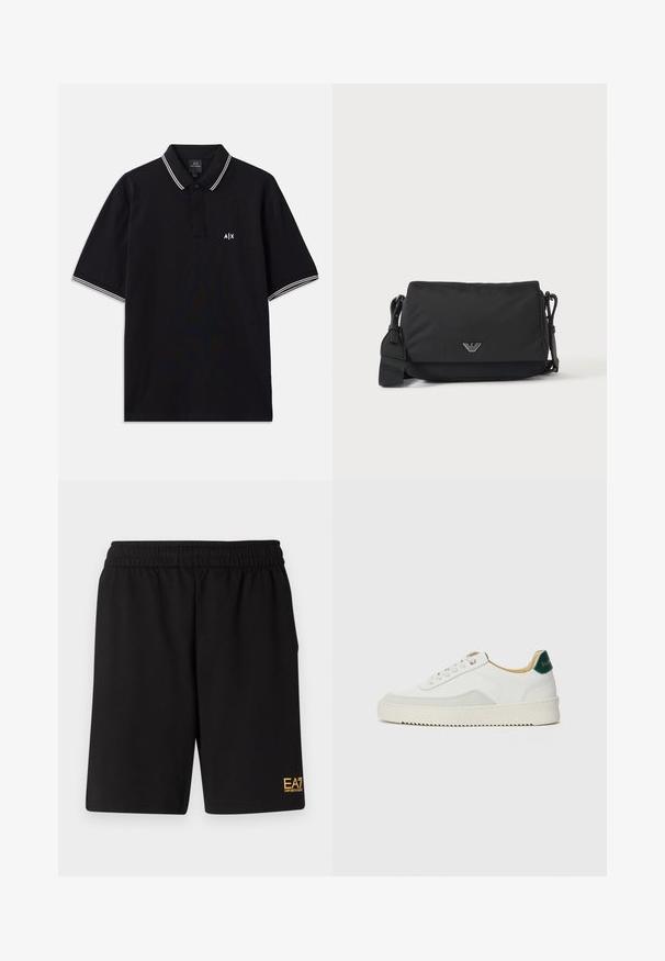 Schwarzes Polohemd aus Baumwolle mit einem Kragen mit zwei Knöpfen, weißen gestreiften Akzenten an den Ärmeln und einem Logo auf der Brust.; Schwarze Sportshorts aus weichem Material, mit einem elastischen Bund und einem kleinen gelben EA7-Logo am unteren linken Bein.; Weiße Sneaker mit Wildlederelementen, runder Zehenpartie, flachen Schnürsenkeln und einer cremefarbenen Gummisohle. Mit grünen Markenlogo am Fersenbereich.; Schwarze Umhängetasche mit verstellbarem Riemen und kleinem silbernem Logoemblem auf der Vorderklappe, dargestellt auf einfachem hellem Hintergrund.