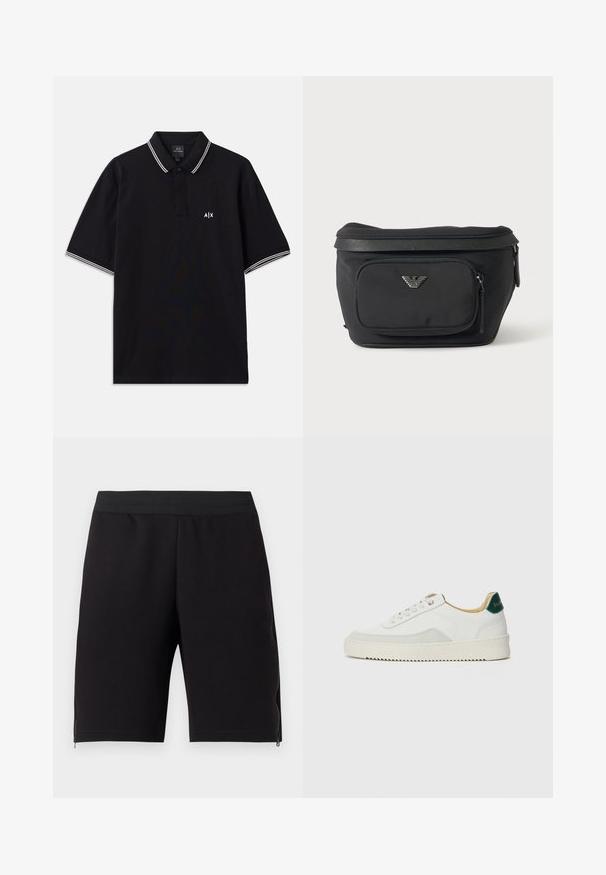 Camisa polo negra de algodón, con un cuello de dos botones, acentos a rayas blancas en las mangas y un logo en el pecho.; Shorts de deporte negros hechos de una tela suave, con una cintura elástica ceñida y cremalleras en los laterales para mayor funcionalidad.; Zapatilla blanca con acentos de ante, puntera redondeada, cordones planos y suela de goma color crema. Presenta un logo verde en el talón.; Riñonera negra con bolsillo frontal con cremallera y logo de águila plateado, tela lisa con ribete texturizado y tiradores de cremallera.