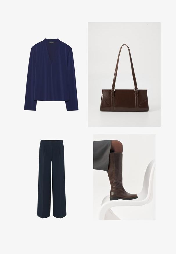 Marineblauw long-sleeve shirt met een diepe V-hals en zachte, gladde stof. Het ontwerp heeft een relaxte pasvorm met minimale naden en geen patronen.; Wijd-uitlopende broek in donkerblauw, met een gladde stof, op maat gemaakte plooien en een hoge taille. Geen zichtbare zakken of versieringen.; Bruine leren knie-hoge laars met een ronde neus, een soepele textuur en minimale stikseldetails, tegen een lichte achtergrond op een witte stoel.; Bruine lakleren handtas met een rechthoekige vorm, twee lange handvatten en subtiele gebogen accenten aan de voorkant.