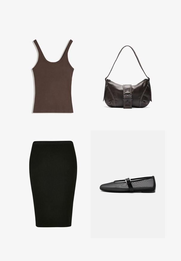 Brun ribstrikket dame tanktop med brede skulderstropper og rund halsudskæring, lagt fladt på en hvid baggrund.; Sort ribbet blyantskjørt med en tætsiddende pasform. Har en høj talje og tekstiler, der giver en glat silhuet.; Sort mesh balletflat med rundt tåparti og justerbar Mary Jane-rem med sølvspænde, på en ensartet lys grå baggrund.; Brun læder skuldertaske med en buet form, der har et fremtrædende spænde, kontrasterende syninger og en enkelt skulderrem.