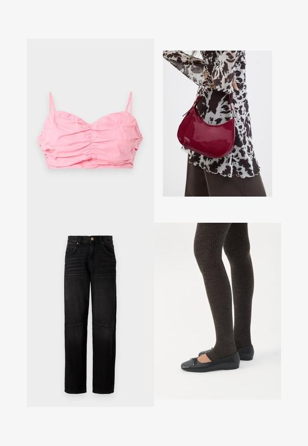 Lyserød rucheret cropped top med tynde stropper, der har en sweetheart-udskæring og en glat tekstur. Ingen udsmykninger eller mønstre.; Sorte denimjeans med lige ben, fem lommer, knaplukning og subtile falmede detaljer ved lårene og knæene.; Ben iført mørke ribbede leggings kombineret med sorte balletsko med små sløjfedetaljer på hvid baggrund.; Kvinde iført en sort- og hvidmønstret bluse, der holder en blank rød skuldertaske mod en ensfarvet baggrund.