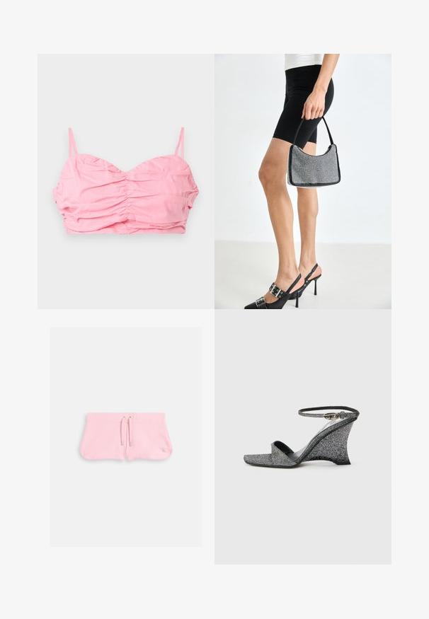Lyserød rucheret cropped top med tynde stropper, der har en sweetheart-udskæring og en glat tekstur. Ingen udsmykninger eller mønstre.; Lyserøde shorts lavet af blød tekstil, med en snor med sølvspidser og et lille broderet logo i nederste højre hjørne.; Sølvsandaler med glimmer, kilehæl, åben tå, ankelrem og guldlås, vist fra siden på en ensfarvet lys baggrund.; Sort perlehandtaske med en buet silhuet, bærehåndtag og blank overflade. Båret med højhælede sorte sko og tætsiddende sorte shorts.