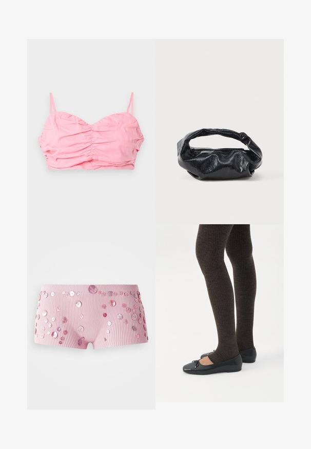 Lyserød rucheret cropped top med tynde stropper, der har en sweetheart-udskæring og en glat tekstur. Ingen udsmykninger eller mønstre.; Lyserøde ribbede shorts prydet med forskellige størrelser af skinnende lyserøde knapper spredt over stoffet.; Ben iført mørke ribbede leggings kombineret med sorte balletsko med små sløjfedetaljer på hvid baggrund.; Sort taske lavet af blankt, tekstureret materiale med et cirkulært, snoet håndtag og lynlås. Har et blødt, rynket design.