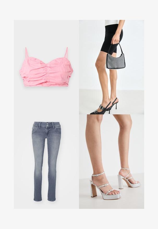 Top corto arrugado rosa con tirantes finos, que presenta un escote corazón y una textura de tela suave. Sin adornos ni patrones.; Jeans ajustados en denim azul claro, con un diseño clásico de cinco bolsillos, cierre de dos botones y un ligero desvanecimiento en la parte delantera.; Sandalias de tacón alto de plataforma plateada con correas para el tobillo, material texturizado, tacón ancho en bloque y hebillas ajustables.; Bolso de cuentas negras con una silueta curva, asa de transporte y textura brillante. Llevado con zapatos de tacón altos negros y pantalones cortos negros ajustados.