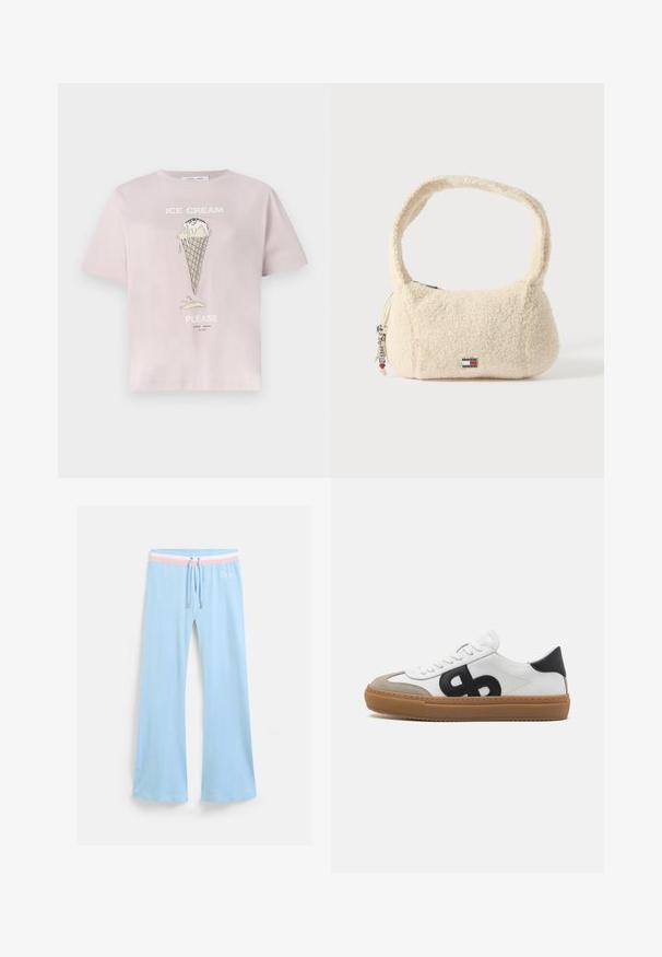 Lyserød bomulds t-shirt med et isvaffelgrafik med dryp. Teksten siger "IS VÆR VENLIG" i hvid. Korte ærmer, afslappet pasform.; Lyseblå, flagrende sweatpants med snor i taljen. Har en pink og hvid stribet accent samt broderet logo. Blød stoftekstur.; Hvide lærreds sneakers med sort logo, suedelæderdetaljer og gummisål. Har flade hvide snørebånd og en rund tådesign.; Kremfarvet håndtaske lavet af blødt, tekstureret materiale med en buet rem, rund form, lynlåslukning og en accent med mærkelogo.