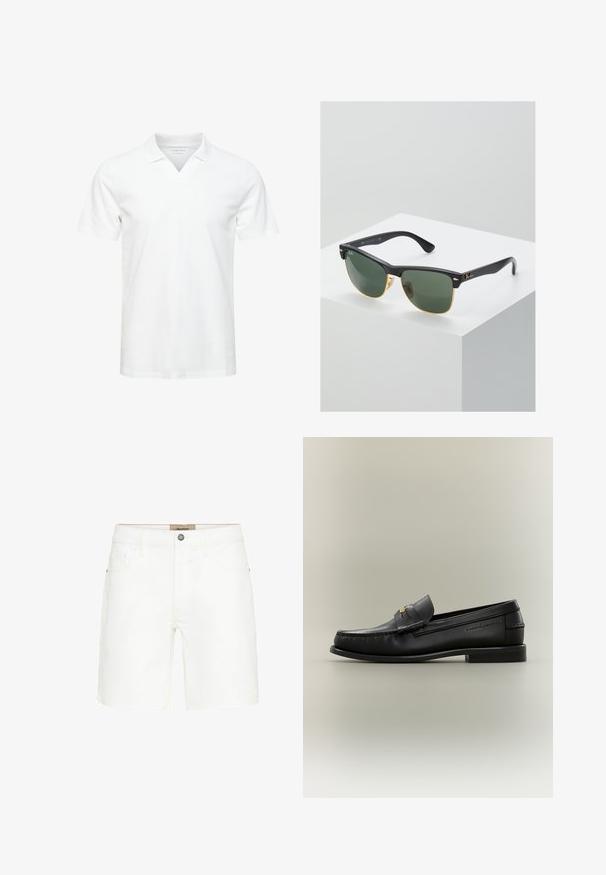 Polo blanc à manches courtes avec un design à col en V, fabriqué en tissu doux ; présente un logo discret sur la poitrine. Texture lisse, coupe décontractée.; Shorts en denim blanc avec un design classique à cinq poches, fermeture à bouton en métal et détails de surpiqûres contrastants. Texture lisse et coupe droite.; Mocassin noir en cuir à enfiler avec petit talon, boucle dorée et nom de marque embossé sur le côté sur fond neutre.; Lunettes de soleil Ray-Ban avec des verres verts, monture en plastique noir et accents dorés sur les bords. Forme carrée avec une finition mate.