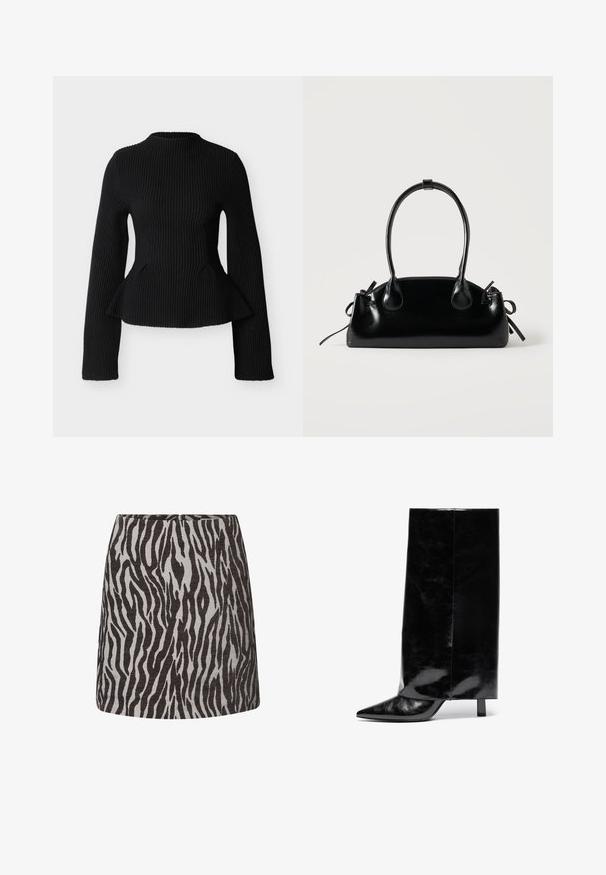 Sort ribstrikket langærmet top med taljeret pasform og let peplum-udslag, høj rund halsudskæring og tekstureret strikket stof.; Mini nederdel med sort og grå zebra mønster, lige snit og en skjult lynlås bagpå.; Sorte læder ankelstøvler med spids tå og blokhæl, der har en høj, blank skaft og en tekstureret overflade på den nedre del.; Lille sort blank håndtaske med to lange håndtag og snøre-detaljer i siden på en ensfarvet lys baggrund.
