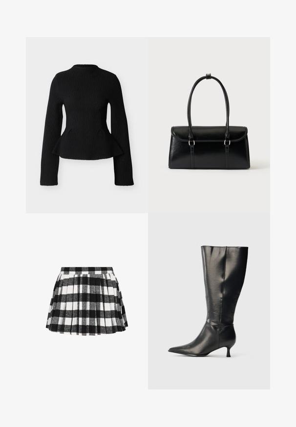 Haut noir côtelé à manches longues avec une taille cintrée et une légère basque évasée, col rond haut et tissu tricoté texturé.; Jupe à carreaux noir et blanc avec des plis, fabriquée en un textile doux avec une surface texturée et une taille ajustée.; Botte en cuir noire montant jusqu'au genou, avec un bout pointu et un petit talon bas, présentée sur un fond clair uni.; Sac à main rectangulaire en cuir noir avec fermeture à rabat et deux longues anses sur fond blanc uni.