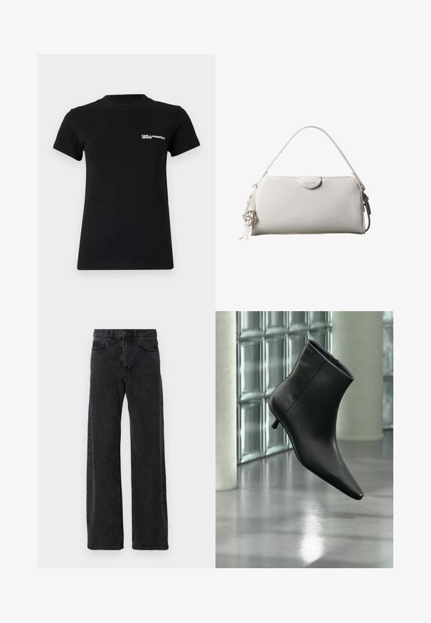 Sort t-shirt lavet af bomuld; har korte ærmer, en rund halsudskæring og et hvidt logo på venstre brystområde. Glat tekstur.; Sorte denimjeans med bred ben-design, der har en klassisk fem-lomme stil, knaplukning og diskret falmning.; Sort læderankelstøvle med spids tå og lav kitten-hæ, vist vinklet mod en poleret gulv- og glasblokvæg.; Hvid rektangulær Calvin Klein håndtaske med enkelt håndtag, minimalistisk design og dekorative kvaster med geometrisk metalvedhæng på siden.