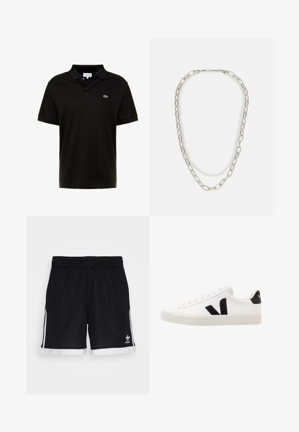 Sort polo-shirt lavet af bomuld med korte ærmer, knaplukning og grønt Lacoste krokodillelogo på venstre bryst.; Sorte net sports-shorts med elastisk talje, hvide sidelister og hvid kant. Har et adidas-logo i nederste højre hjørne.; Hvide lædersneakers med sorte ruskindsdetaljer; har en gummisål, rund tå og klassisk snørebåndsdesign. Side logo i sort.; Sølv kædedesign med to strenge: en af sammenkædede metaller og en anden af hvide perler, som fremhæver et tekstureret, lagdelt design.