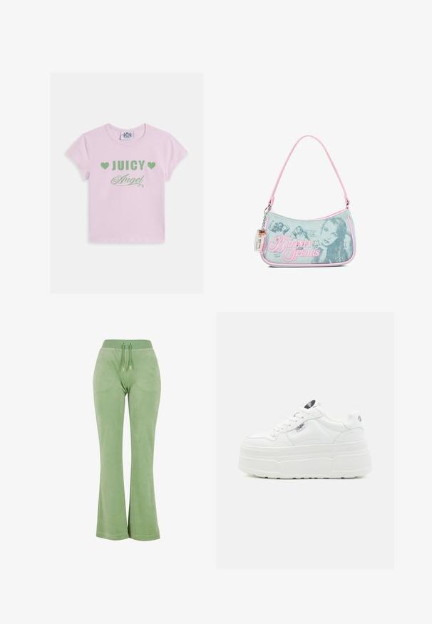 T-shirt en coton rose à manches courtes, avec un texte vert indiquant « JUICY » et « Angel » agrémenté de cœurs, et un col rond.; Pantalons évasés en velours vert avec une taille élastique, dotés de cordons de serrage à l'avant et d'une broderie de logo discrète sur la cuisse.; Baskets plateforme blanches avec un extérieur synthétique lisse, un bout arrondi, un col rembourré et une semelle texturée. Présente une étiquette logo contrastante.; Petit sac à main en denim avec bordure rose, présentant des photos noir et blanc de Britney Spears, des motifs d'étoiles en strass et une étiquette d'identification en plastique attachée.